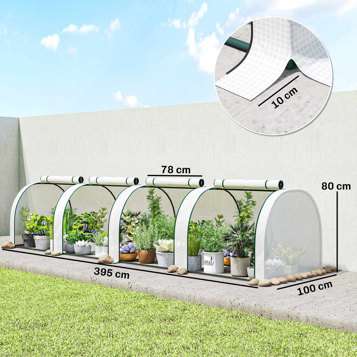 Winterproof Greenhouse with Roll-Up Zipper Doors, 395x100x80 cm
