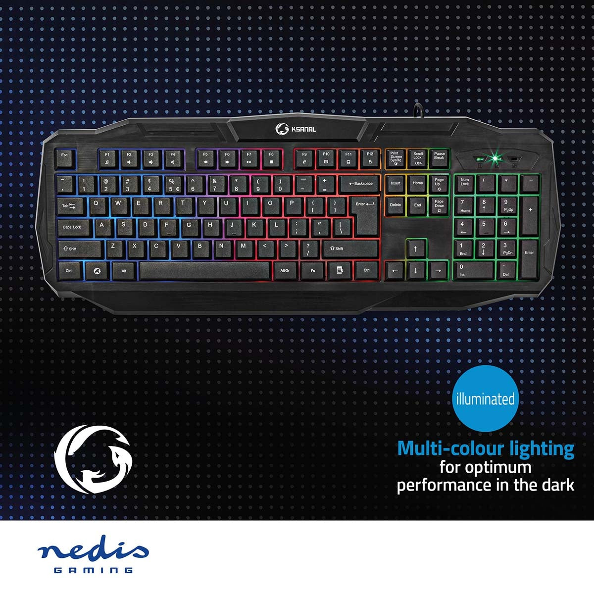 Wired Gaming Keyboard | USB 2.0 | Membrane keys | LEDs | US International | US Layout | USB Power | Power cable length: 1.50 m | Game