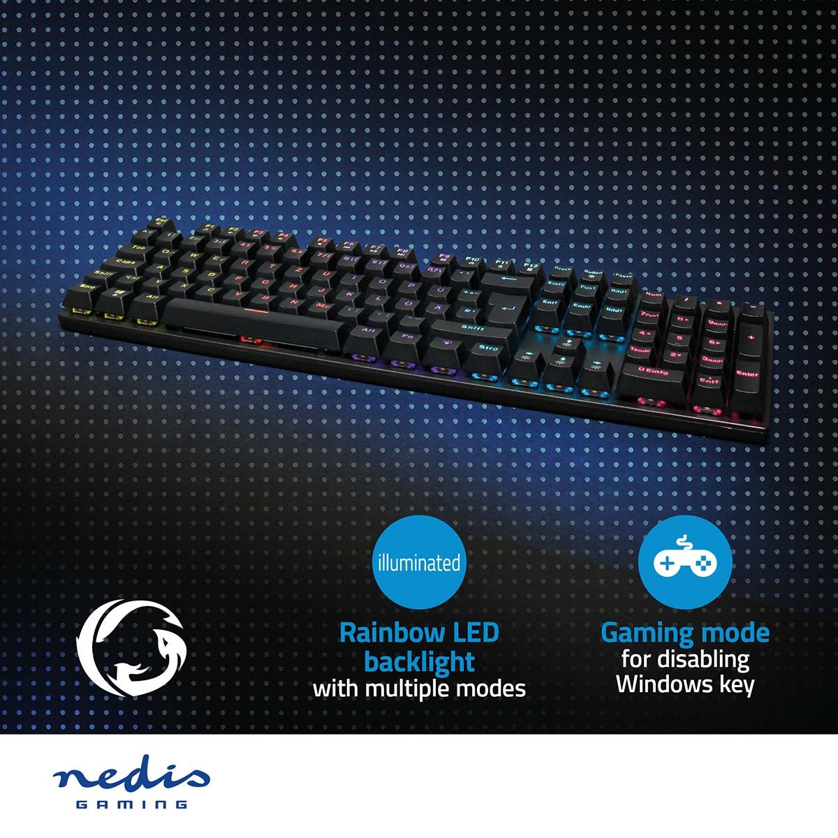 Wired Gaming Keyboard | USB Type-A | Mechanical Keys | LEDs | German | DE Layout | USB Power | Power cable length: 1.50 m | Game
