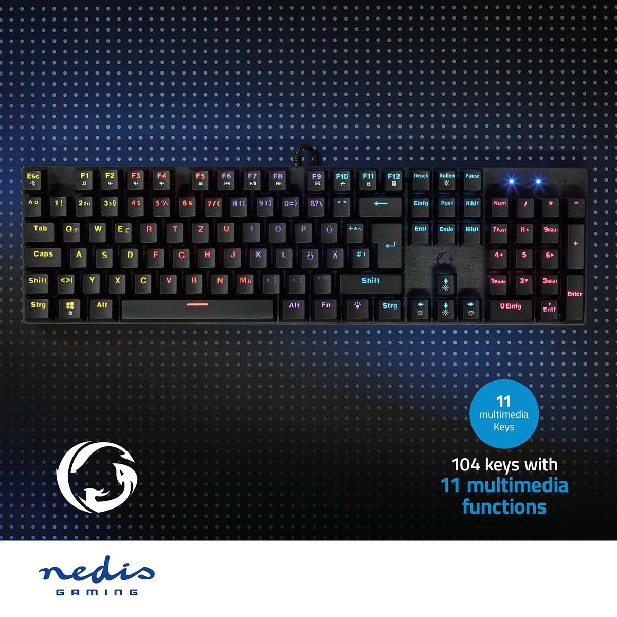 Wired Gaming Keyboard | USB Type-A | Mechanical Keys | LEDs | German | DE Layout | USB Power | Power cable length: 1.50 m | Game