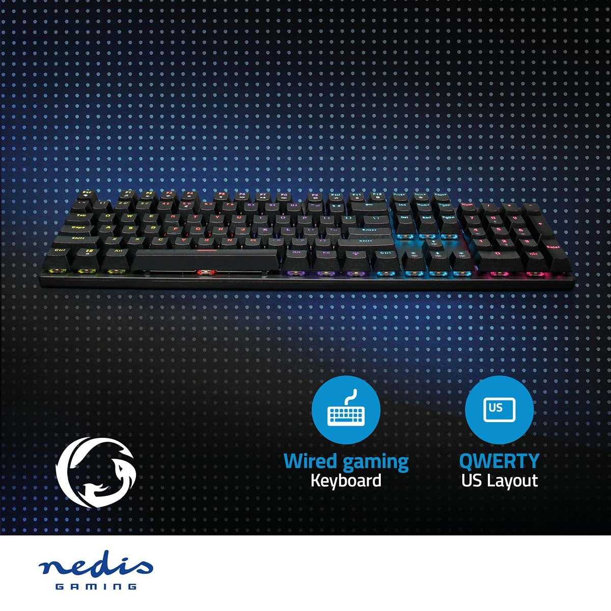 Wired Gaming Keyboard | USB Type-A | Mechanical Keys | LEDs | QWERTY | US Layout | USB Power | Power cable length: 1.50 m | Game