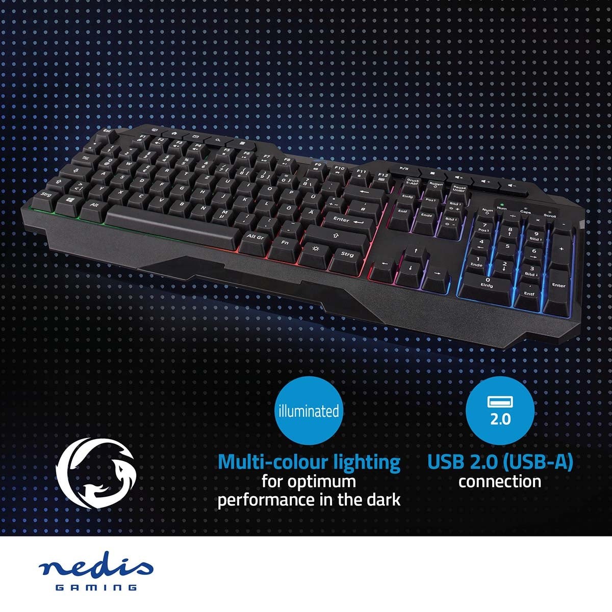 Wired Gaming Keyboard | USB Type-A | Membrane keys | LEDs | QWERTY | DE Layout | USB Power | Power cable length: 1.30 m | Multimedia