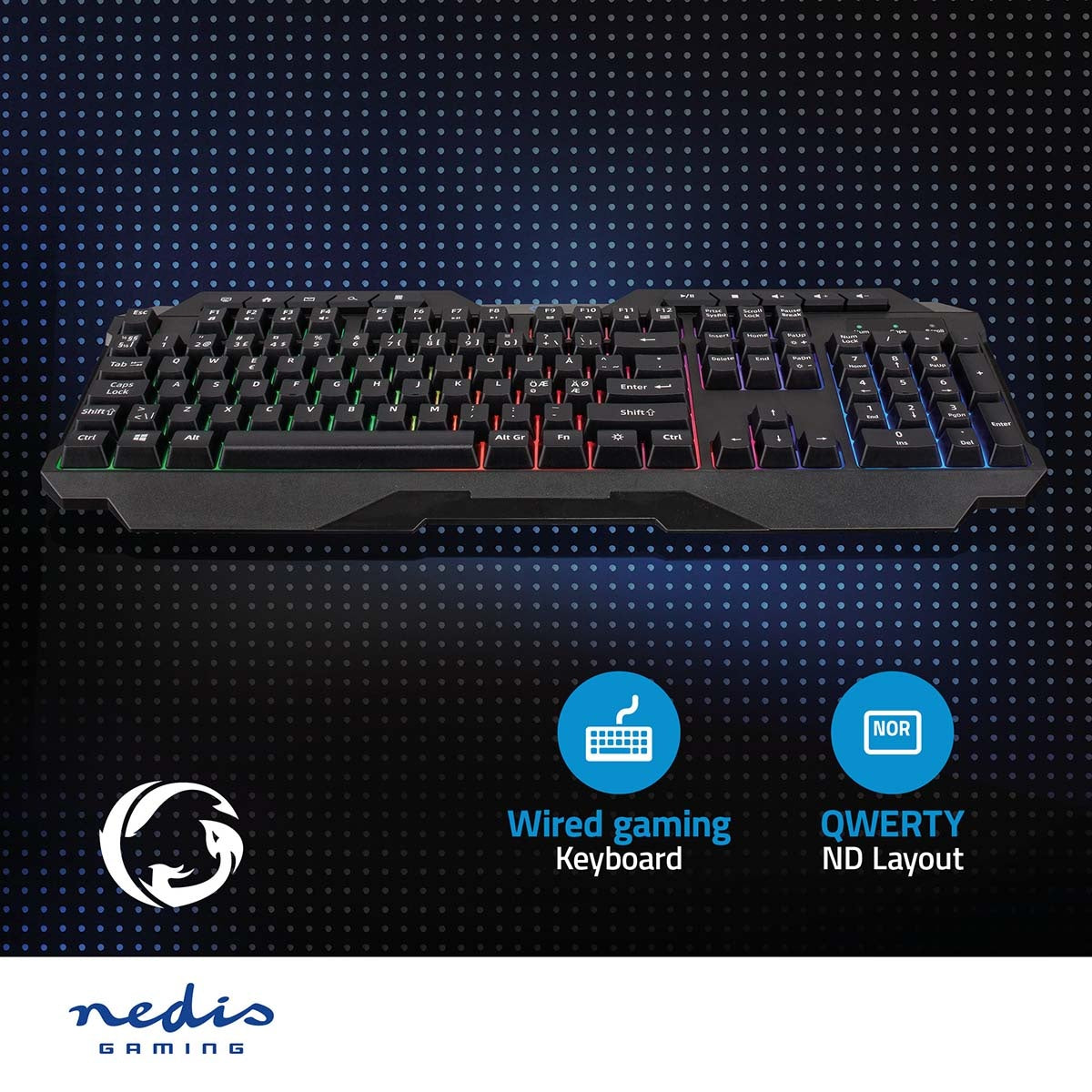 Wired Gaming Keyboard | USB Type-A | Membrane keys | LEDs | QWERTY | ND Layout | USB Power | Power cable length: 1.30 m | Multimedia
