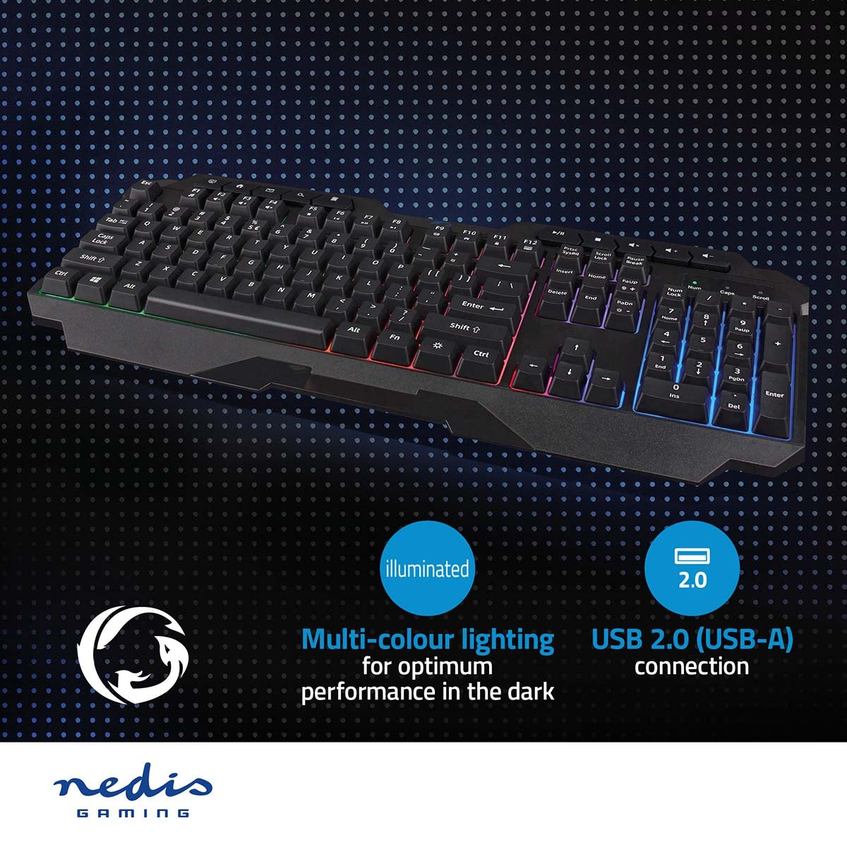 Wired Gaming Keyboard | USB Type-A | Membrane keys | LEDs | QWERTY | US Layout | USB Power | Power cable length: 1.30 m | Multimedia