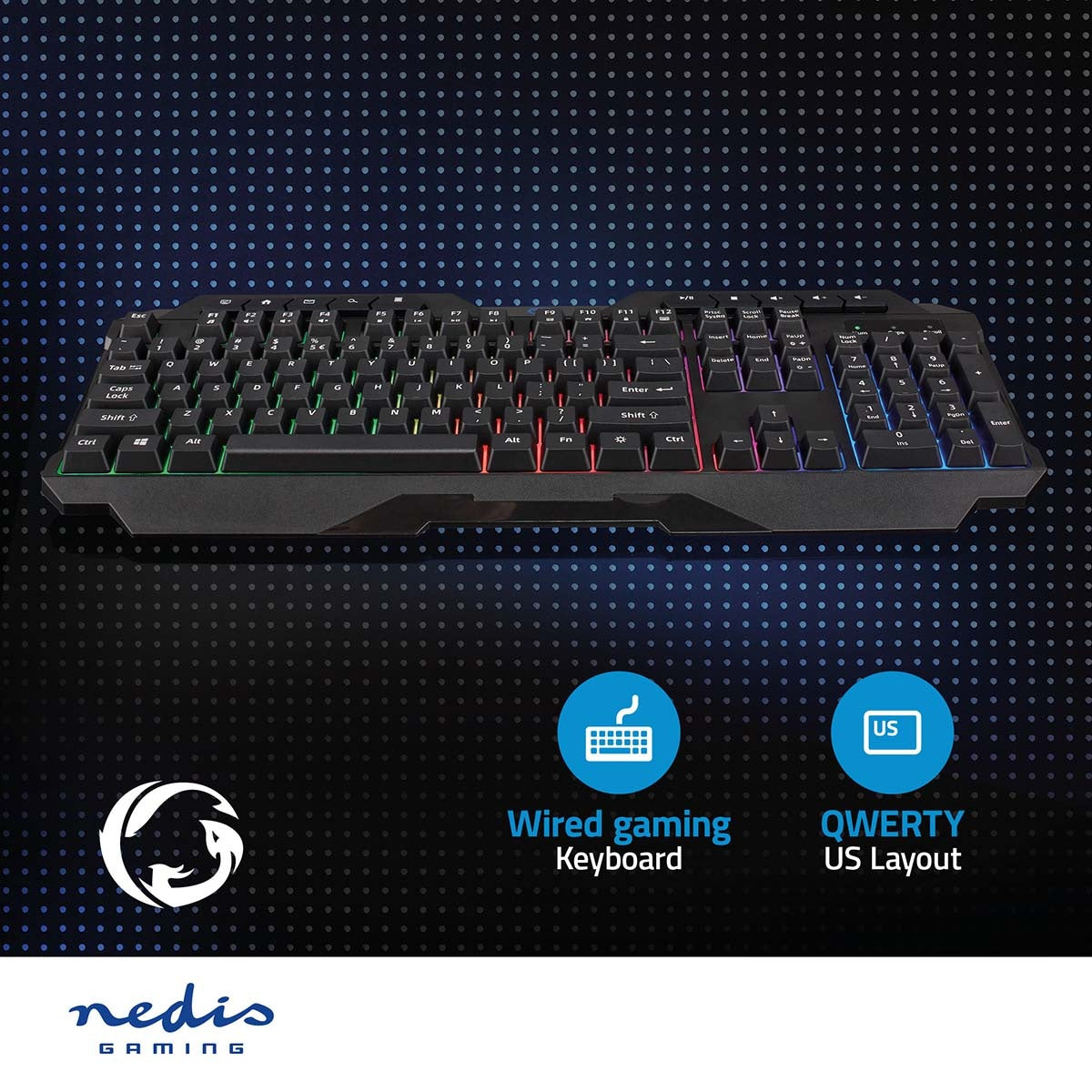Wired Gaming Keyboard | USB Type-A | Membrane keys | LEDs | QWERTY | US Layout | USB Power | Power cable length: 1.30 m | Multimedia