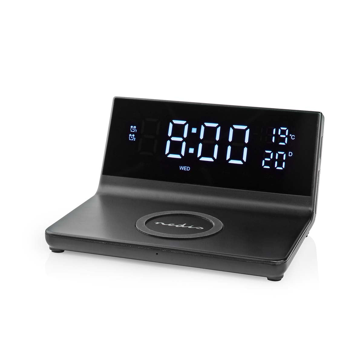 Wireless Charger for Alarm Clock | Qi certified | 5 / 7.5 / 10 / 15 W | USB A Male | 2 Alarm times | Snooze function