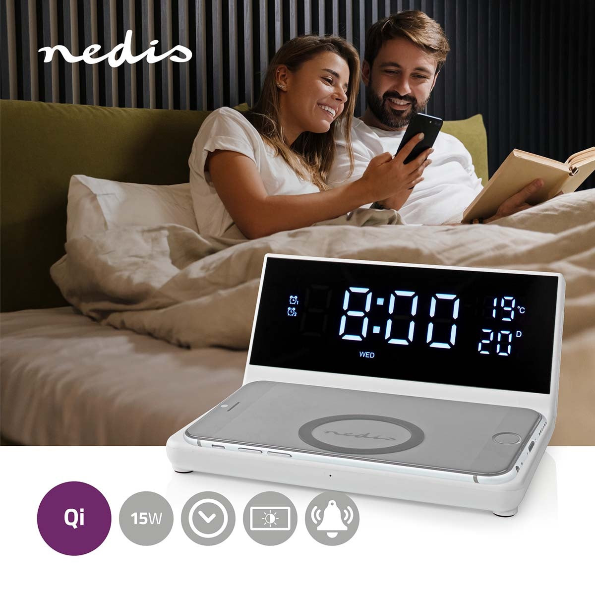 Wireless Charger for Alarm Clock | Qi certified | 5 / 7.5 / 10 / 15 W | USB A Male | 2 Alarm times | Snooze function