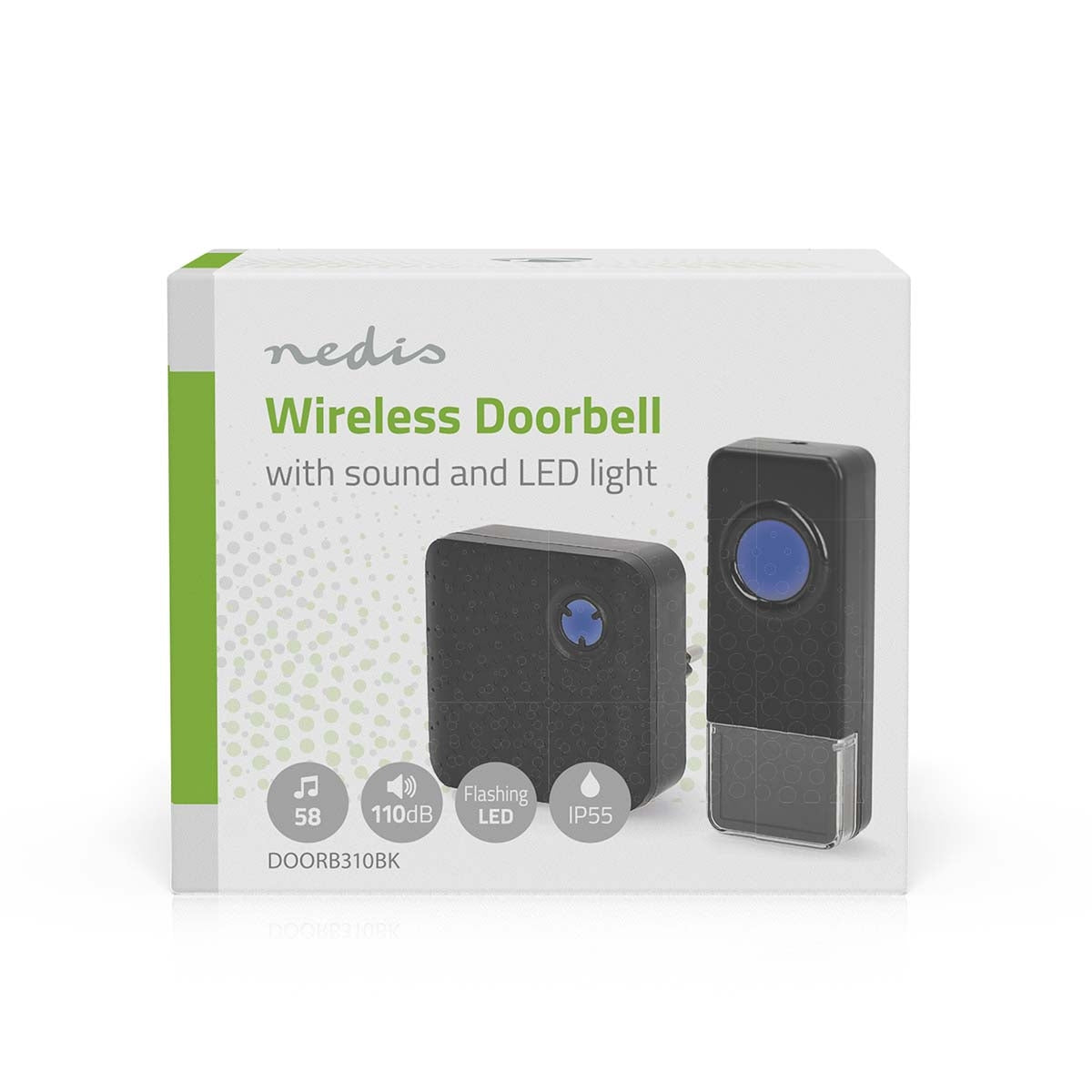 Wireless Doorbell Set | Mains Powered | 100 - 240 V AC 50/60 Hz | 1x 23A 12V | Volume: 110 dB | Signal range: 150 m | IP55 | Adjustable volume | 58 Melodies | 1 Receiver | Black