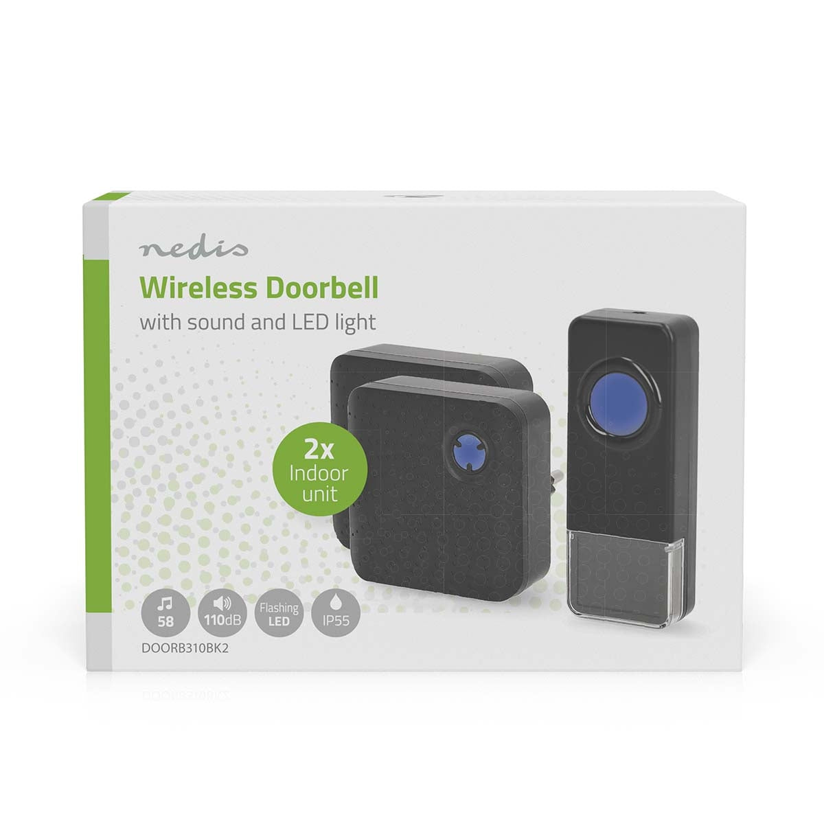 Wireless Doorbell Set | Mains Powered | 100 - 240 V AC 50/60 Hz | 1x 23A 12V | Volume: 110 dB | Signal range: 150 m | IP55 | Adjustable volume | 58 Melodies | 2 Receivers | Black