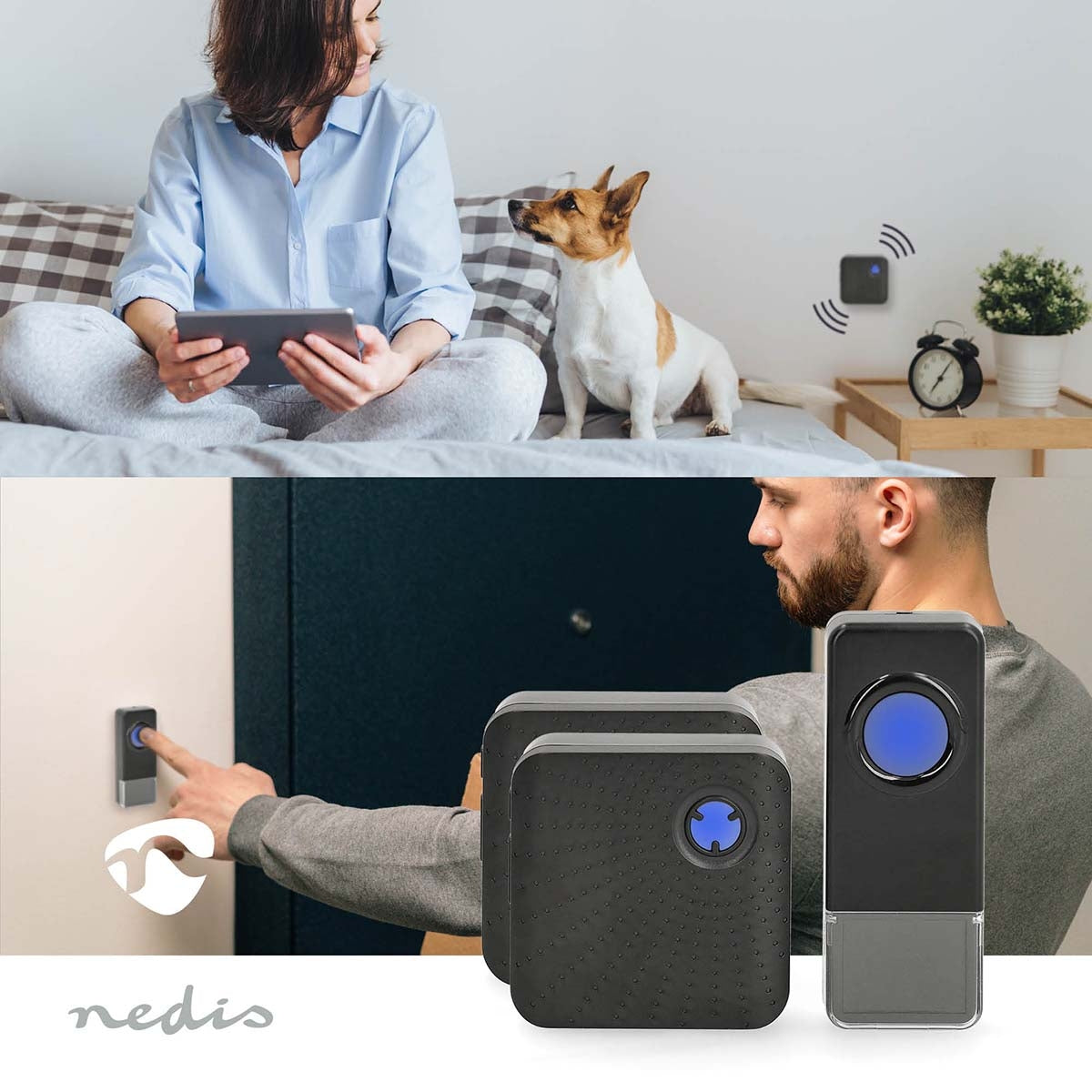 Wireless Doorbell Set | Mains Powered | 100 - 240 V AC 50/60 Hz | 1x 23A 12V | Volume: 110 dB | Signal range: 150 m | IP55 | Adjustable volume | 58 Melodies | 2 Receivers | Black