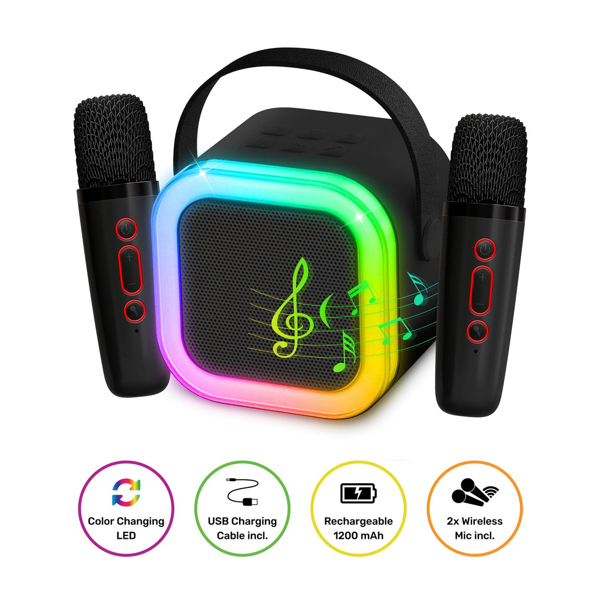 Wireless Karaoke Speaker, LED Lights, 2 Mics, Bluetooth