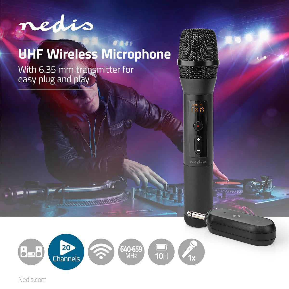 Wireless Microphone Set | 20 Channels | 1 microphone | Cardioid | 70 Hz - 13 kHz | 1000 Ohm | -95 dB | Volume Control | Black