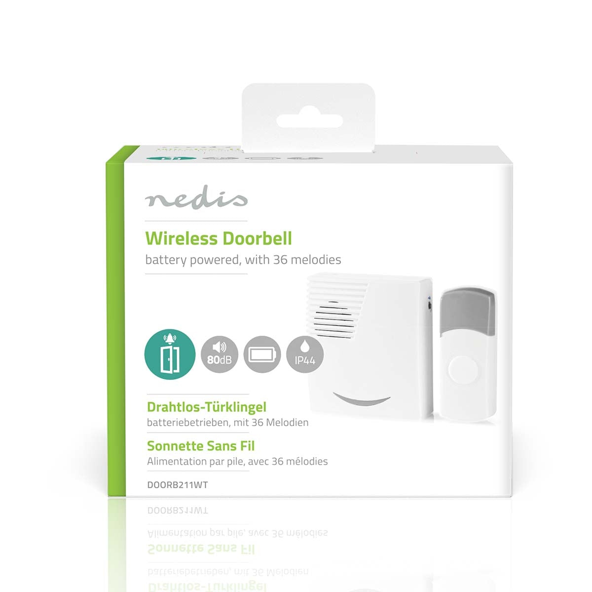 Wireless doorbell | Battery powered | 3 V DC | 1x CR2032 | Volume: 80 dB | Signal range: 300 m | IP44 | 36 Melodies | 1 Recipient | Grey/White