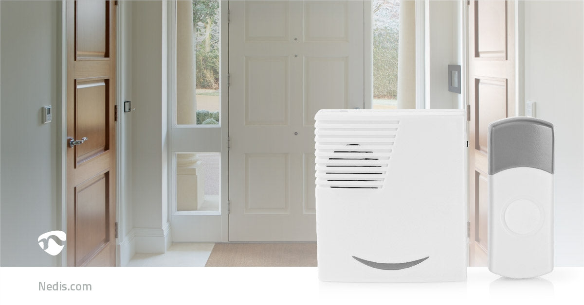 Wireless doorbell | Battery powered | 3 V DC | 1x CR2032 | Volume: 80 dB | Signal range: 300 m | IP44 | 36 Melodies | 1 Recipient | Grey/White