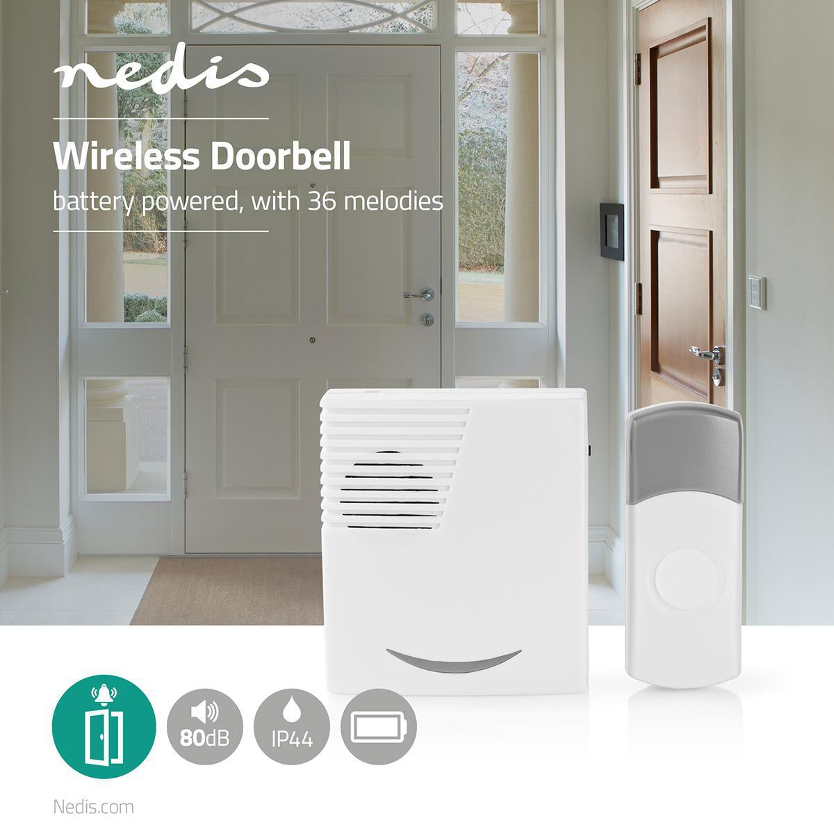 Wireless doorbell | Battery powered | 3 V DC | 1x CR2032 | Volume: 80 dB | Signal range: 300 m | IP44 | 36 Melodies | 1 Recipient | Grey/White