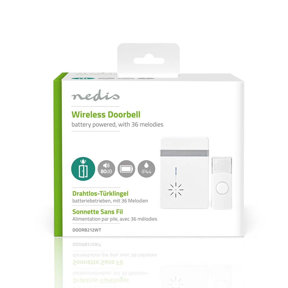 Wireless doorbell | Battery powered | 3 V DC | 1x CR2032 | Volume: 80 dB | Signal range: 300 m | IP44 | 36 Melodies | 1 Recipient | White