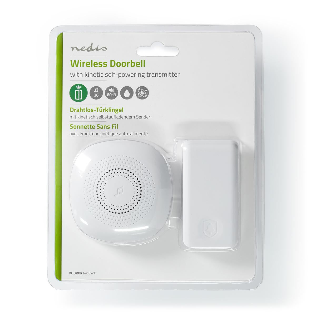 Wireless doorbell | Power adapter | 220 - 240 V AC 50 Hz | 1x CR2032 | Volume: 80 dB | Signal range: 100 m | Adjustable volume | 36 Melodies | 1 Recipient | White