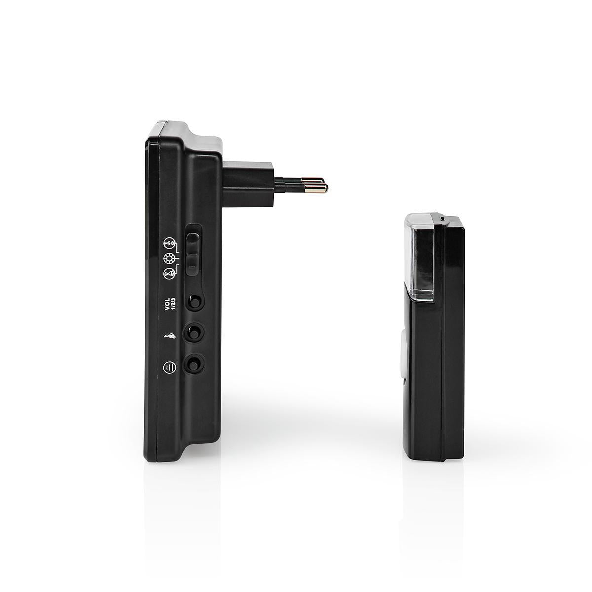 Wireless doorbell | Power adapter | 220 - 240 V AC 50 Hz | 1x CR2032 | Volume: 80 dB | Signal range: 300 m | IP44 | Adjustable volume | 36 Melodies | 1 Recipient | Black
