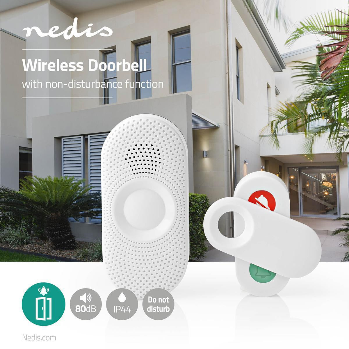 Wireless doorbell | Power adapter | 220 - 240 V AC 50 Hz | 1x CR2032 | Volume: 80 dB | Signal range: 300 m | IP44 | Adjustable volume | 36 Melodies | 1 Recipient | Grey/White