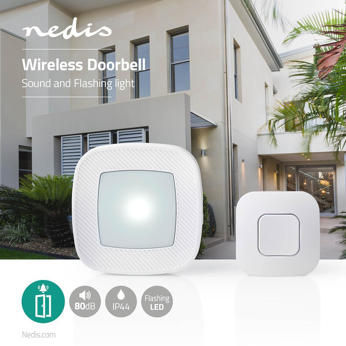 Wireless doorbell | Power adapter | 220 - 240 V AC 50 Hz | 1x CR2032 | Volume: 80 dB | Signal range: 300 m | IP44 | Adjustable volume | 36 Melodies | 1 Recipient | White