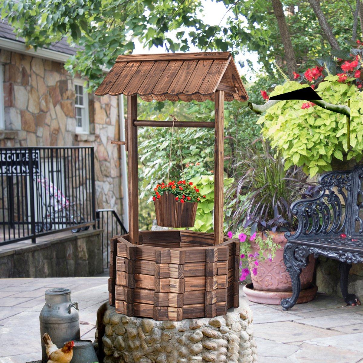 Wishing well for outdoors, wooden fountain, bucket, flower pot, flower pot with roof