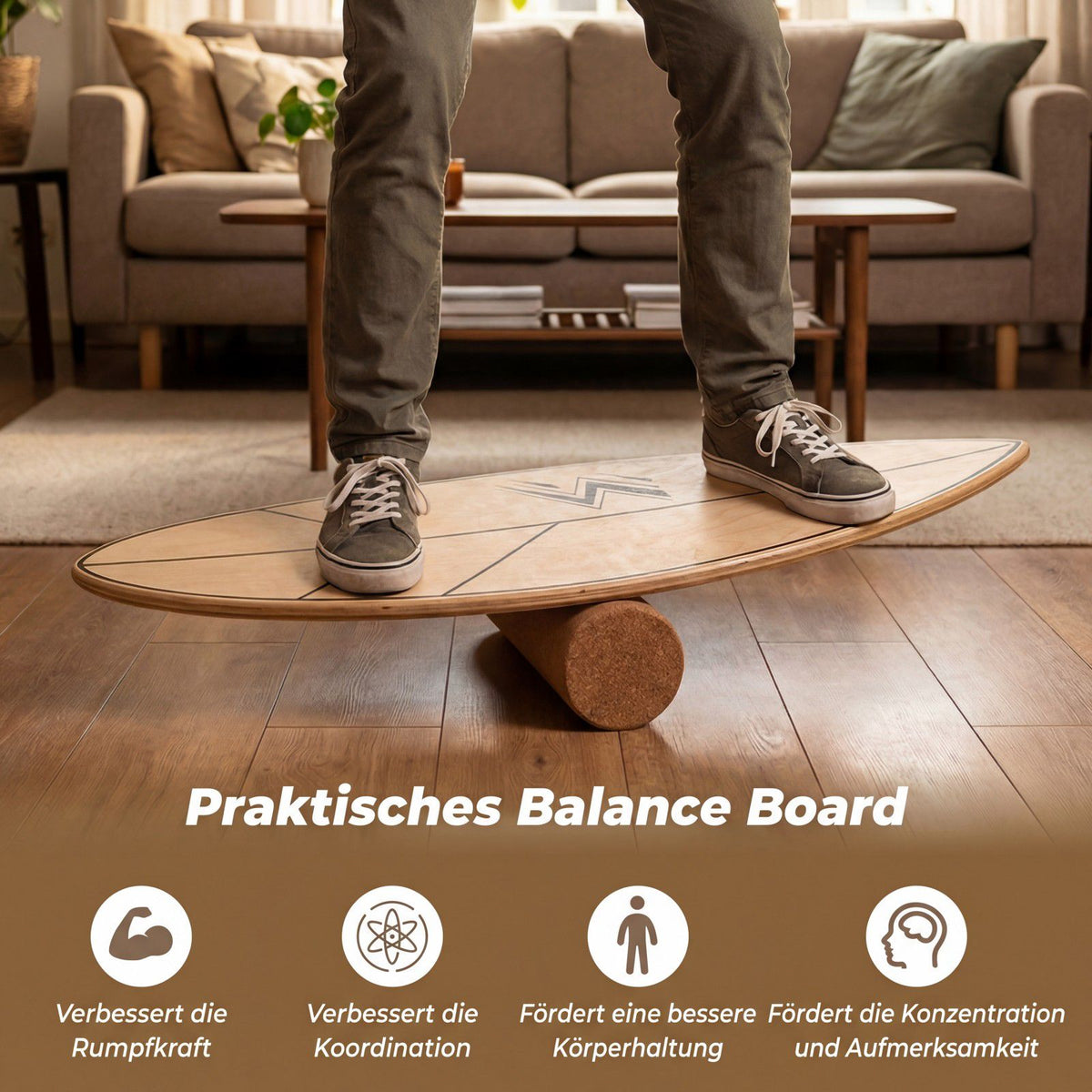 Wood Balance Board with Cork Roller, 11-Layer Birchwood