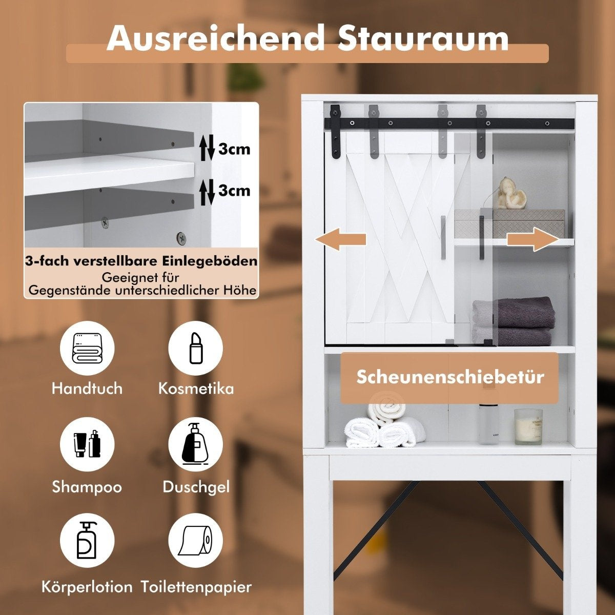 Wood Bathroom Cabinet with Sliding Door & Adjustable Shelves