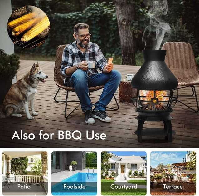 Wood-Burning Cast Iron Chiminea With Mesh, Ash Tray