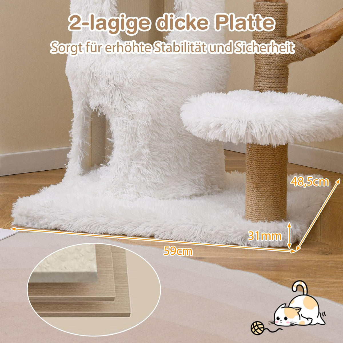 Wood Cat Tree with Plush Platforms & 2-Level Cat House