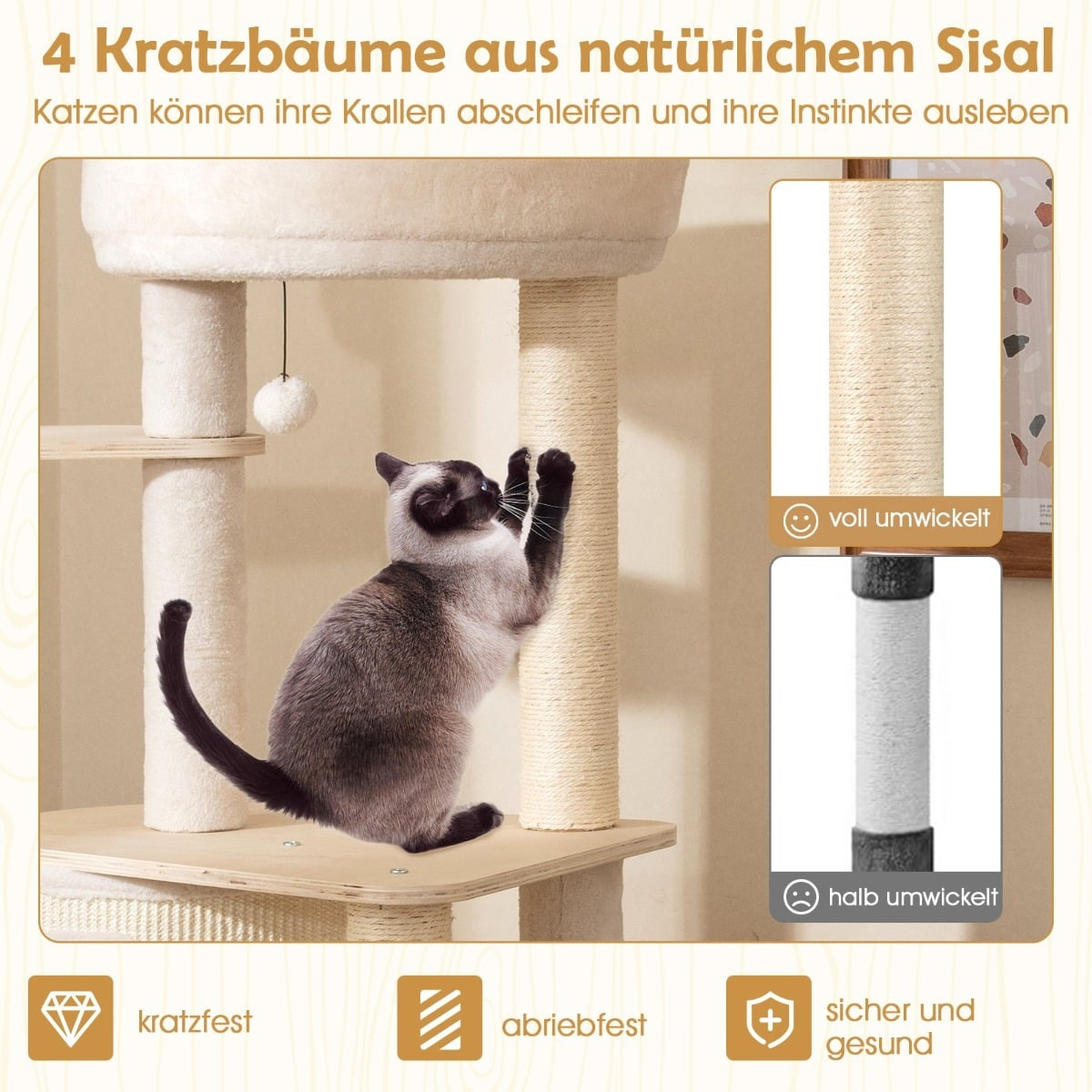 Wood Cat Tree with Sisal Posts, Condo, Ladder – 143 cm