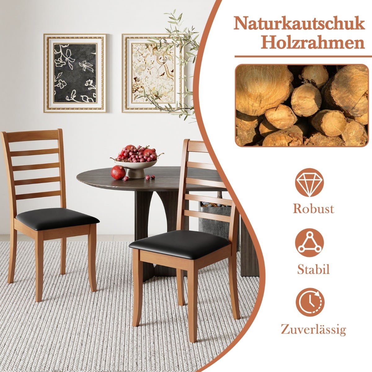 Wood Dining Chair Set of 2, Black, Rubberwood Legs