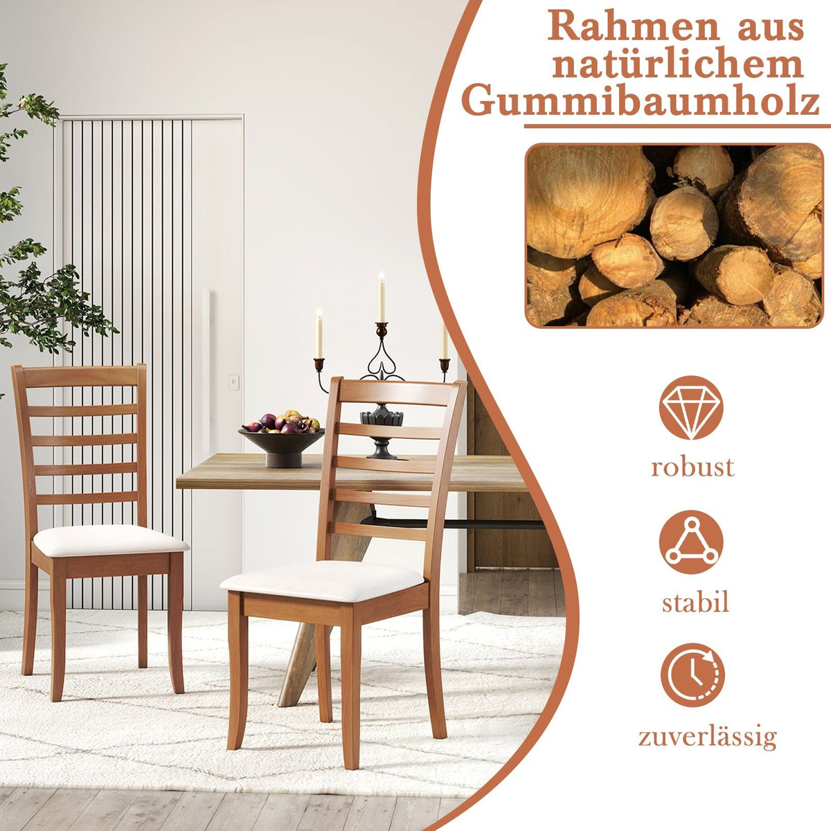 Wood Dining Chair Set of 2, Ergonomic, Beige, Rubberwood