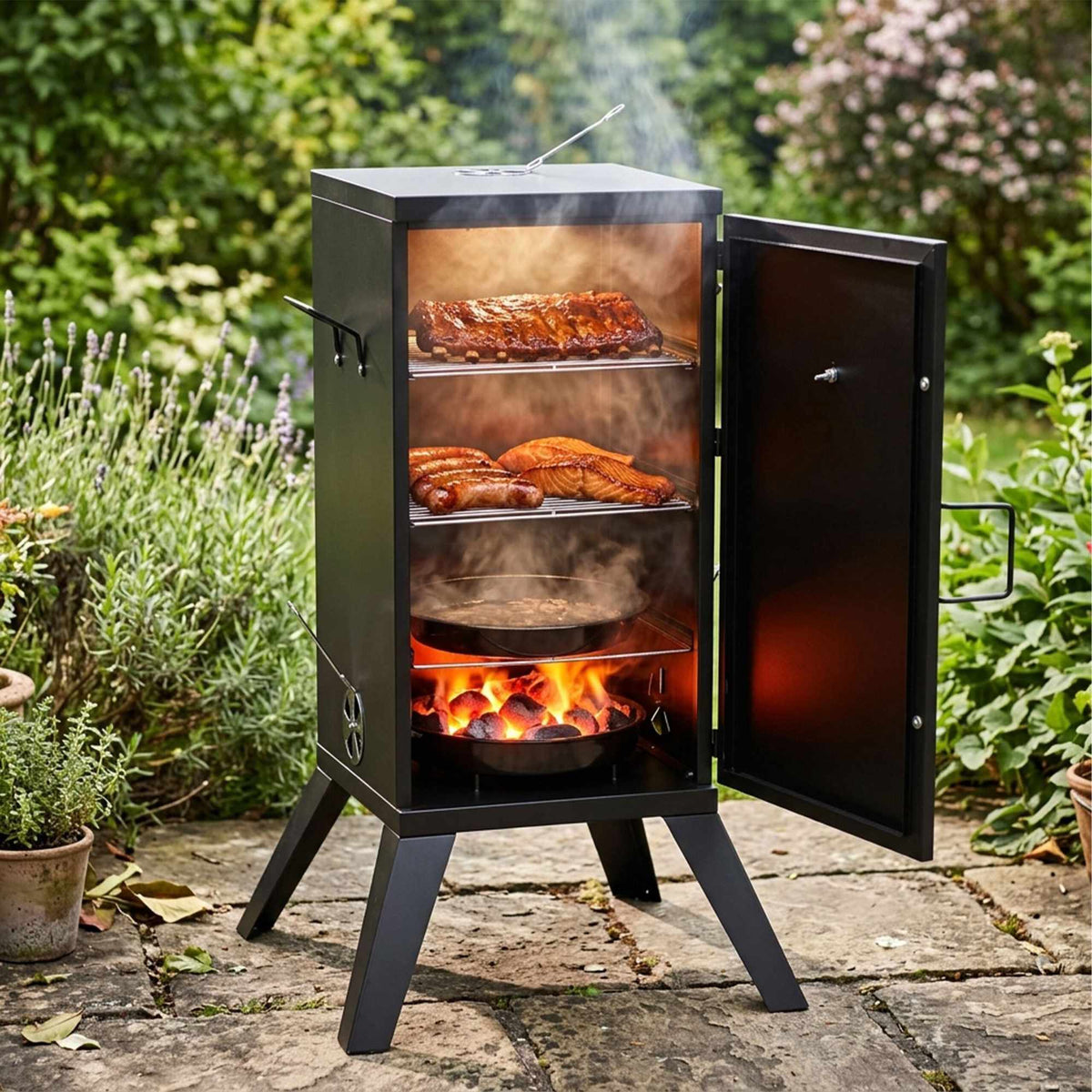 Wood-Fired Steel Smoker, Black – 2-Level Cooking