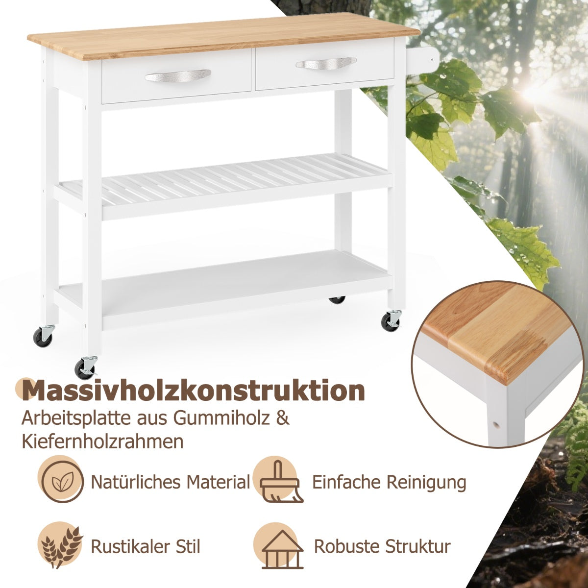 Wood Kitchen Cart with Countertop, 2 Drawers & Shelves