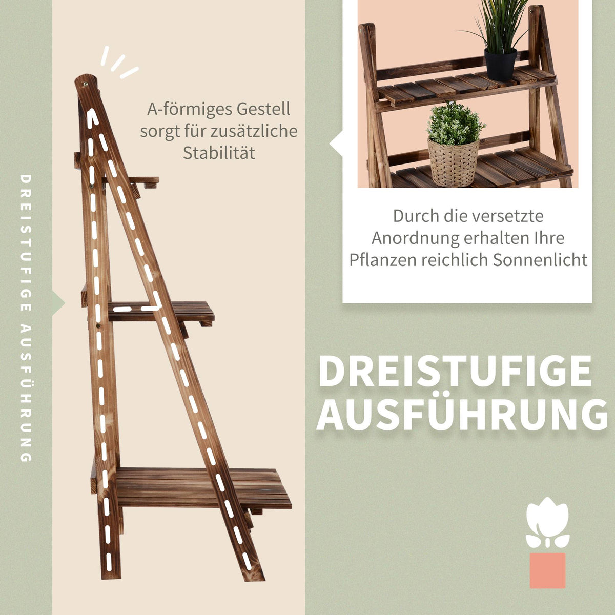 Wood Plant Stand, 3-Tier Folding, Dark Brown, Indoor/Outdoor