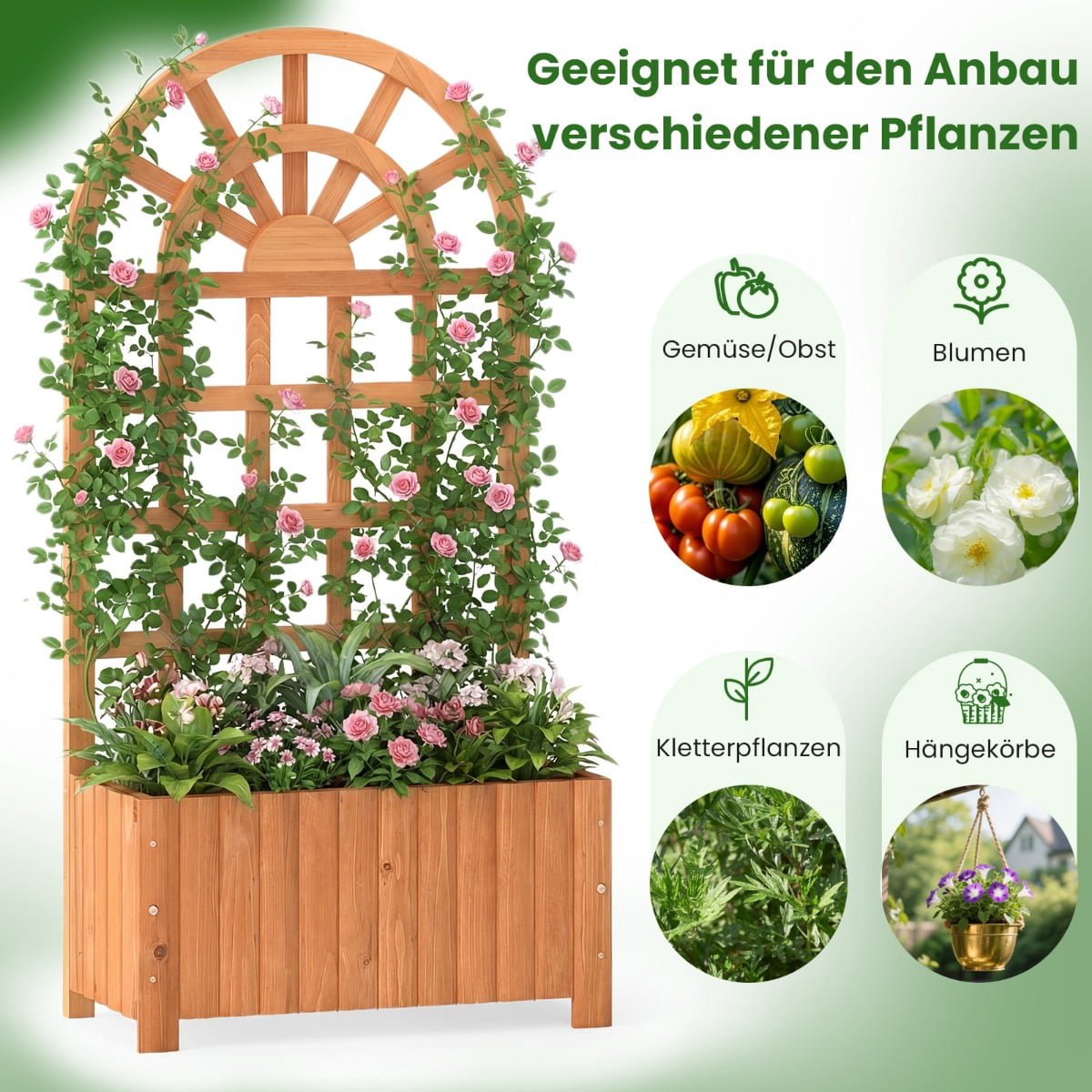 Wood Planter Box with Trellis & Drainage for Climbing Plants
