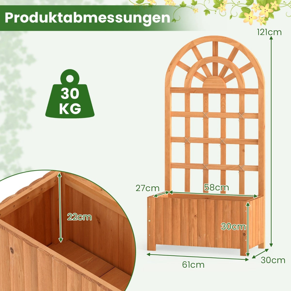 Wood Planter Box with Trellis & Drainage for Climbing Plants
