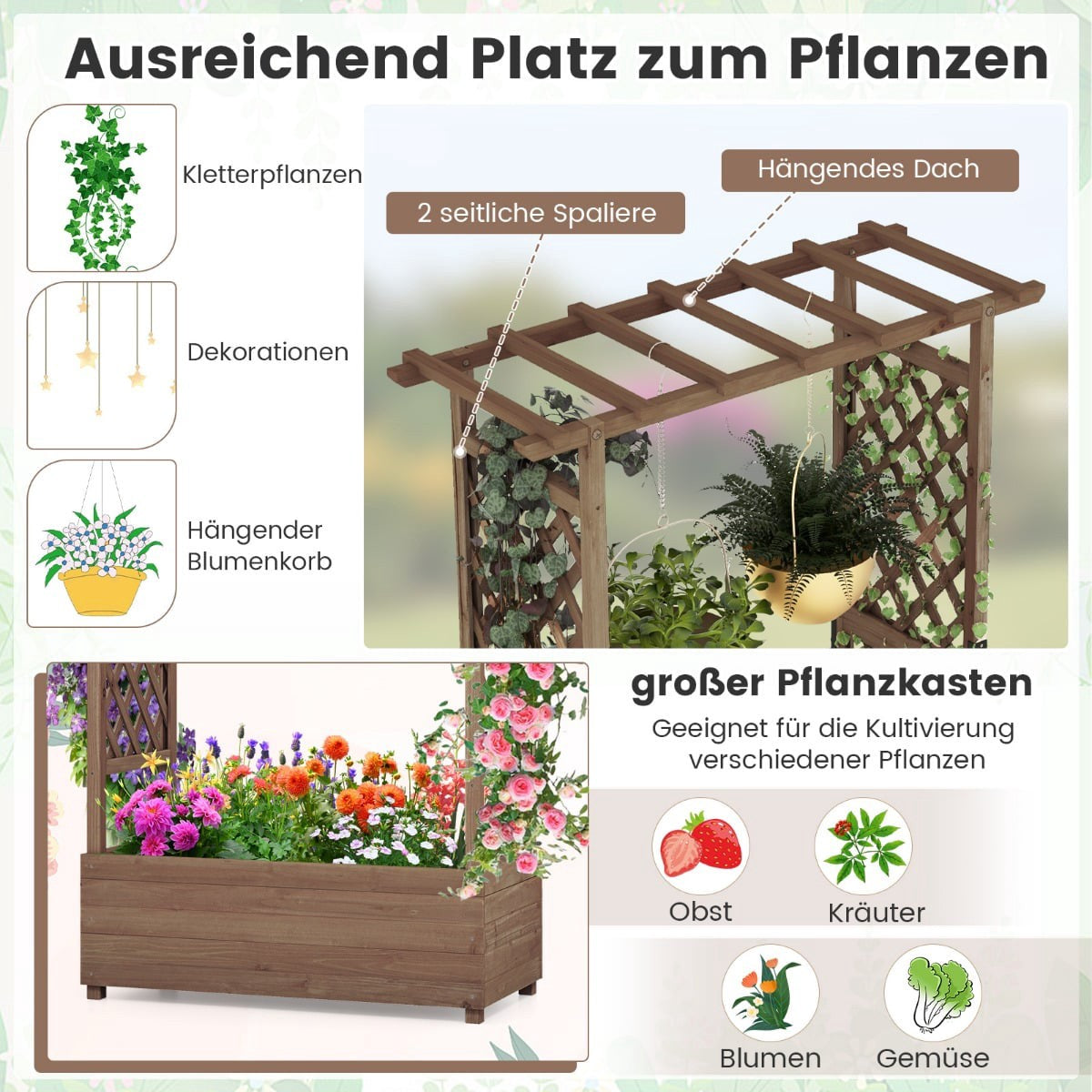 Wood Planter Box with Trellis and Roof, 110x44x182 cm