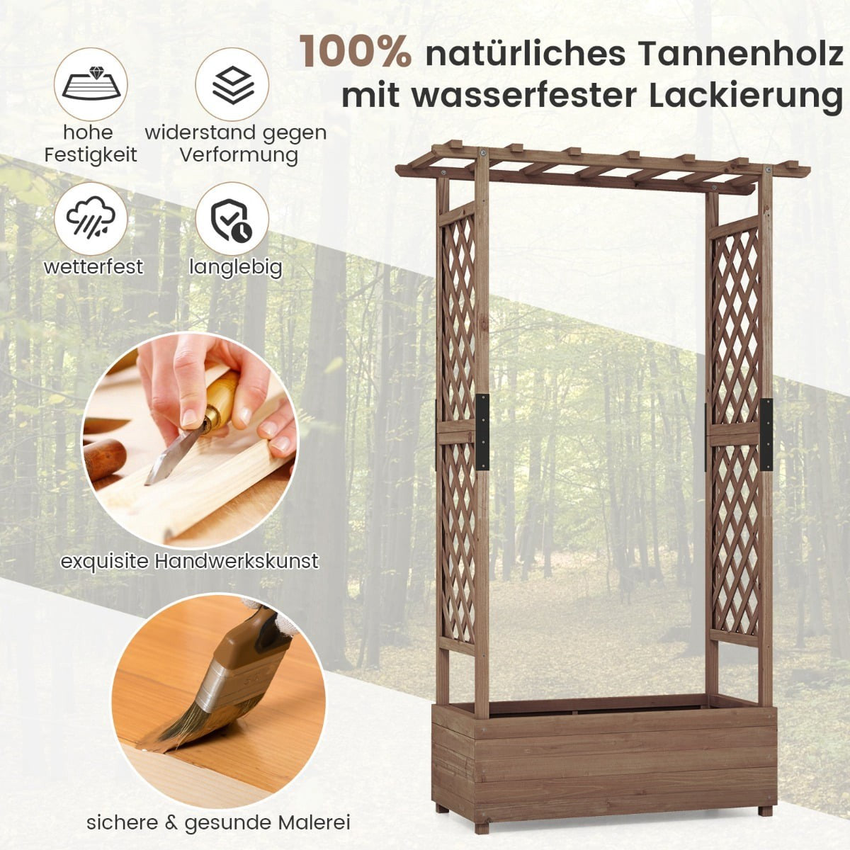 Wood Planter Box with Trellis and Roof, 110x44x182 cm