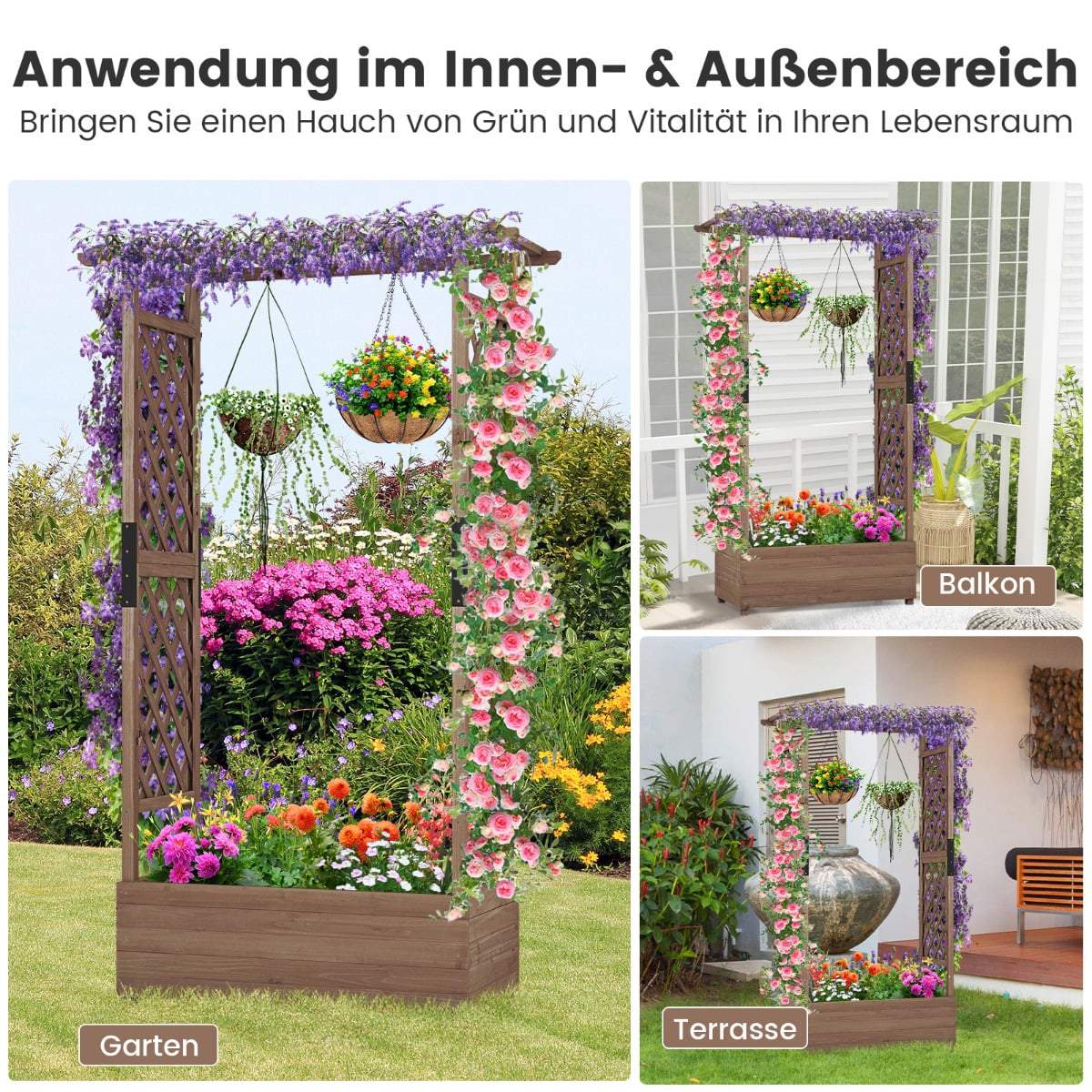 Wood Planter Box with Trellis and Roof, 110x44x182 cm