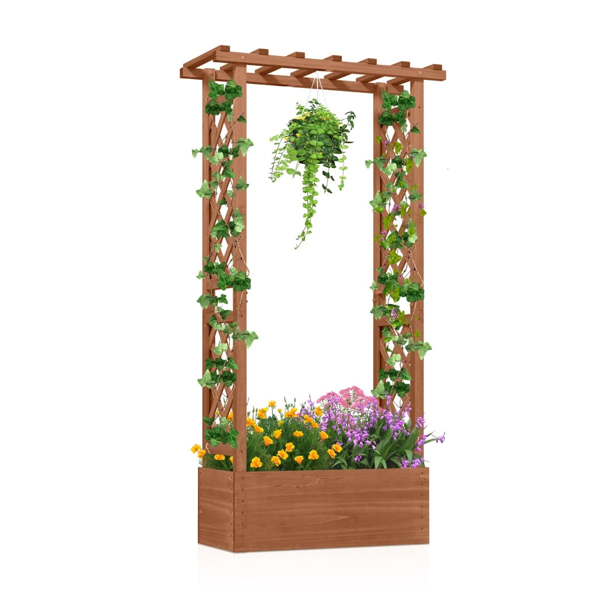 Wood Planter Box with Trellis and Roof, Orange, 66x32x152 cm