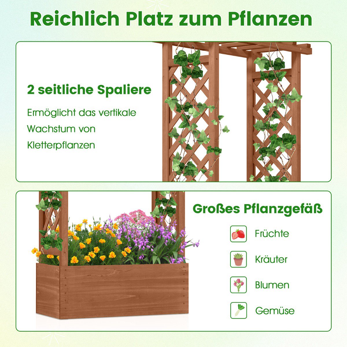 Wood Planter Box with Trellis and Roof, Orange, 66x32x152 cm