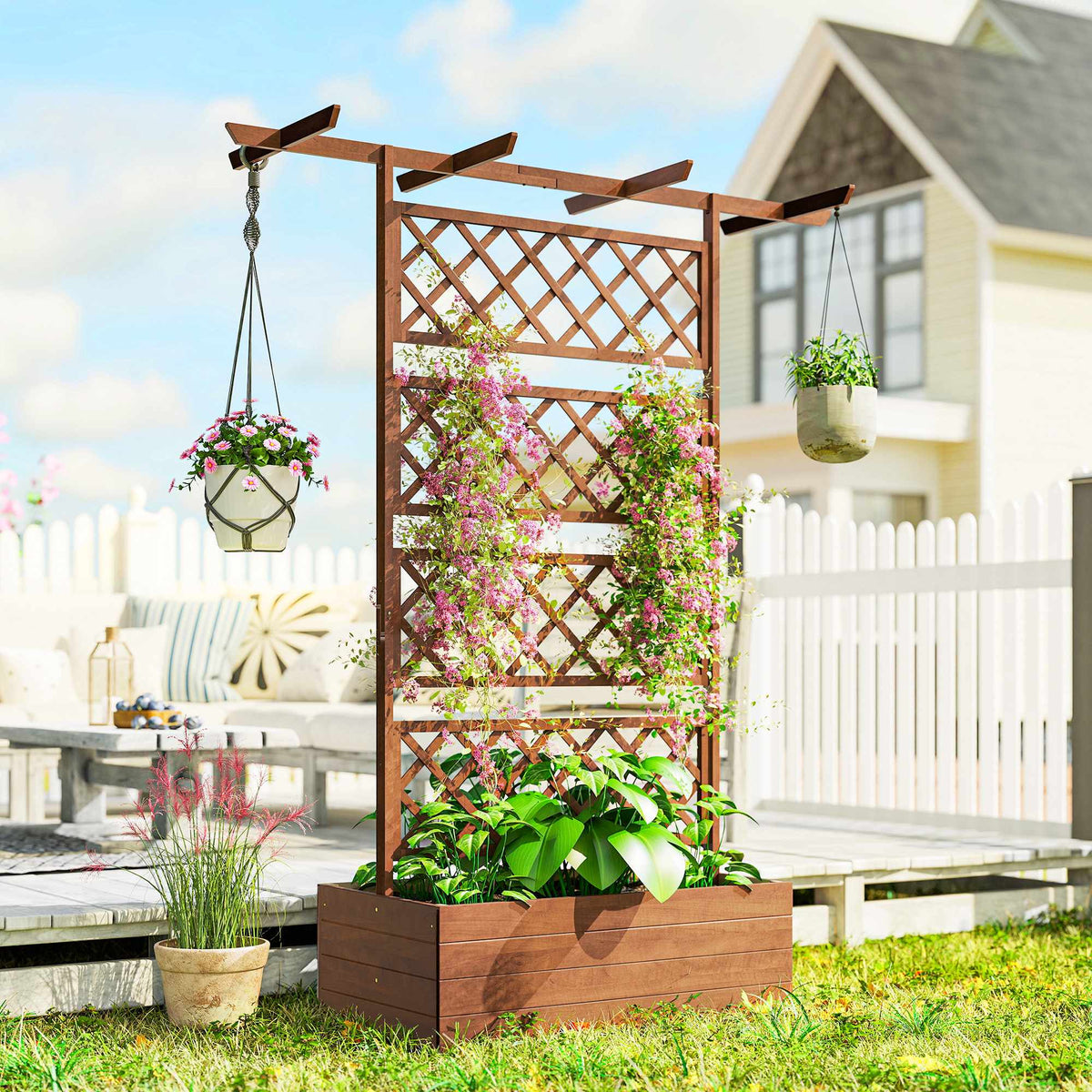 Wood Planter Box with Trellis and Roof for Climbing Plants