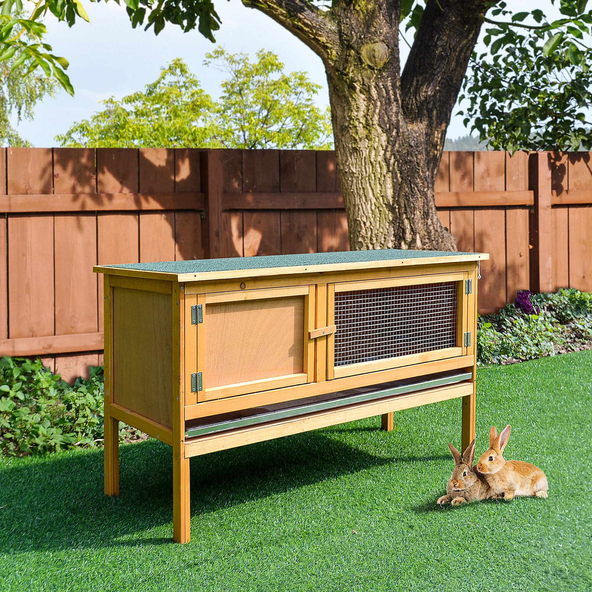 Wood Rabbit Hutch with Hinged Roof, 2 Doors, 115x44x65 cm
