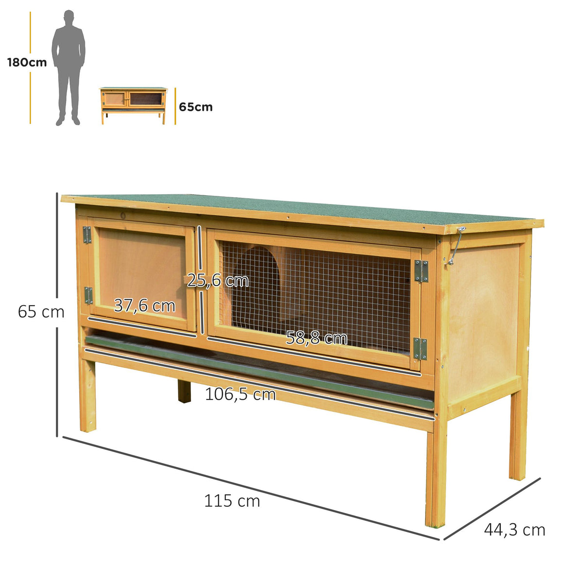 Wood Rabbit Hutch with Hinged Roof, 2 Doors, 115x44x65 cm