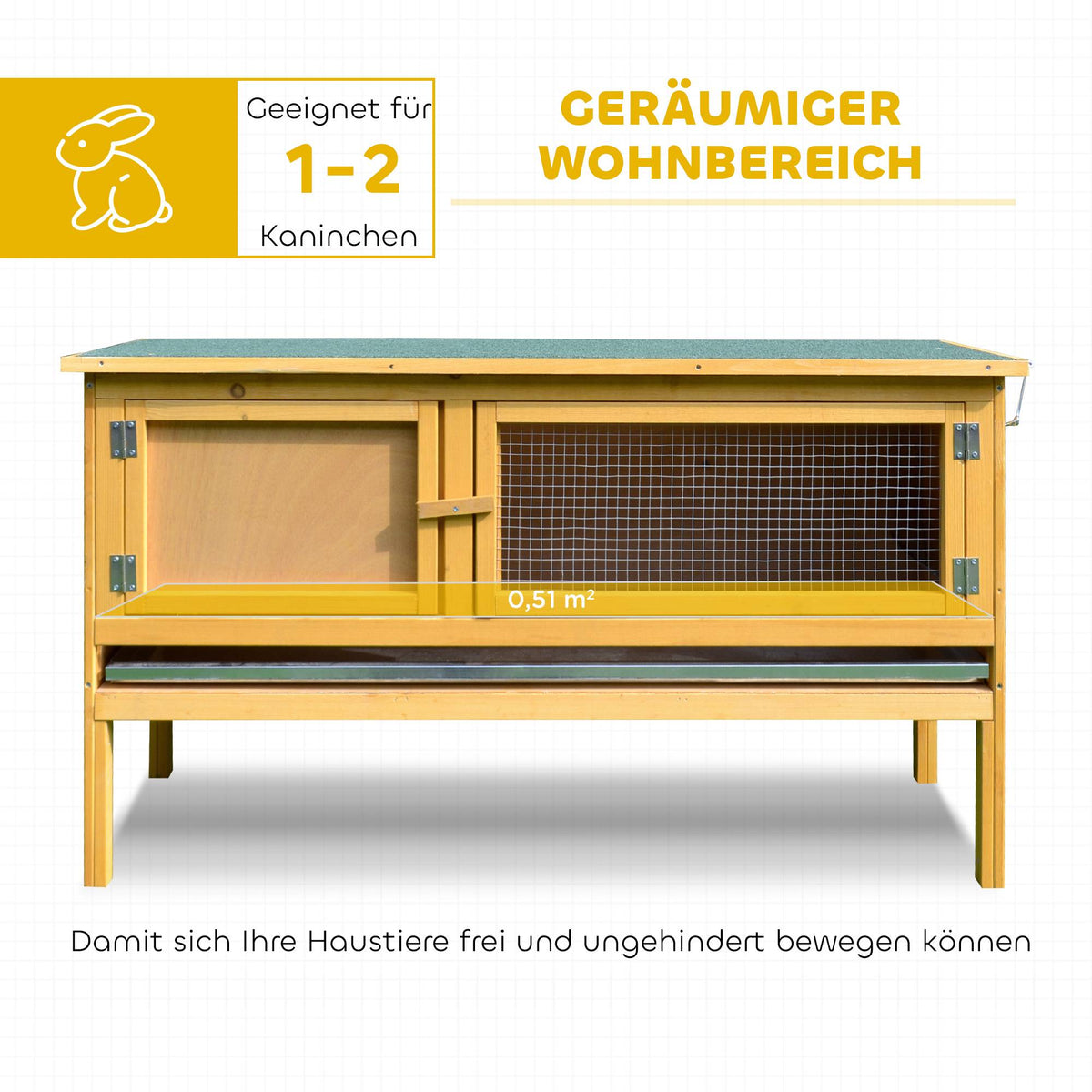 Wood Rabbit Hutch with Hinged Roof, 2 Doors, 115x44x65 cm