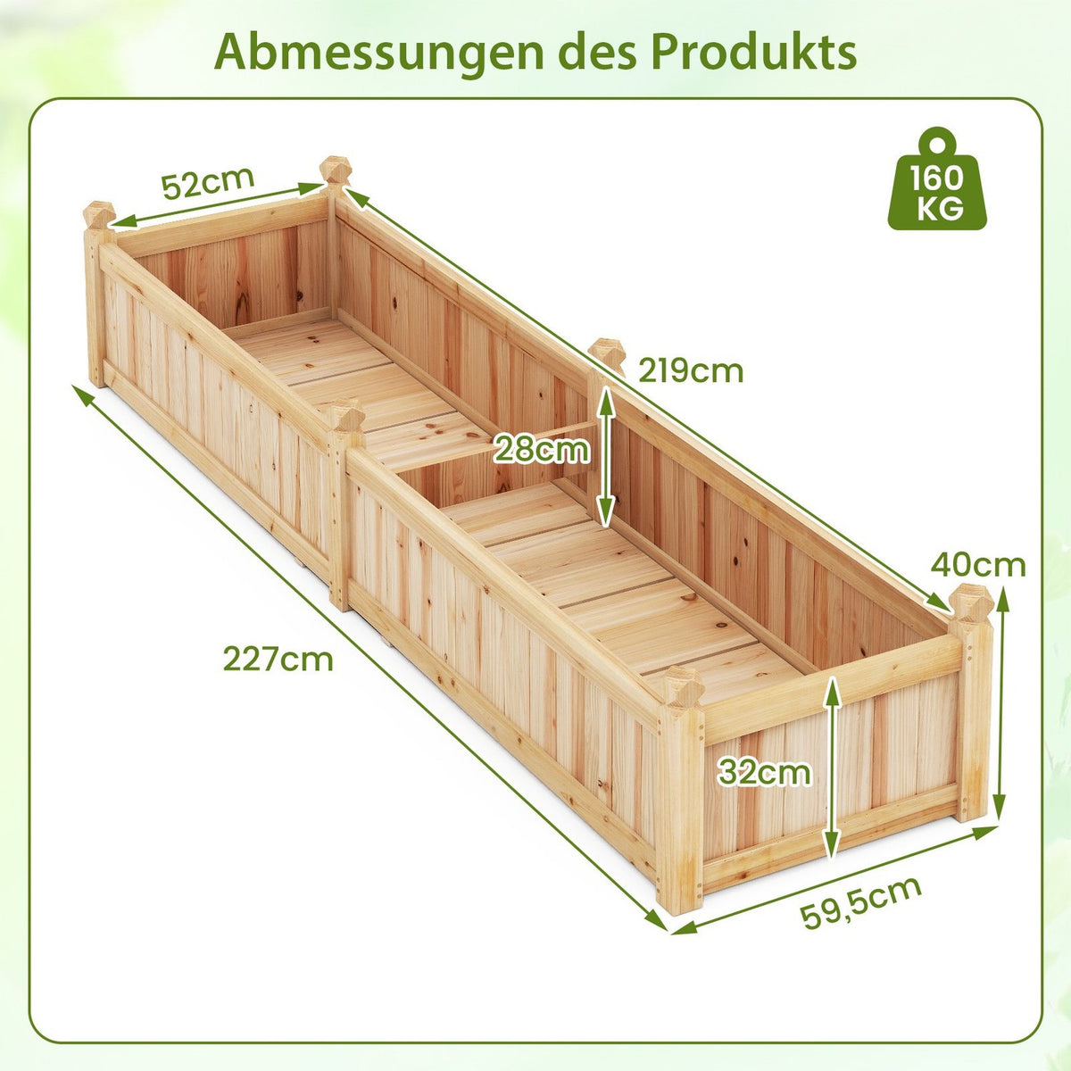 Wood Raised Garden Bed with Divider, Drainage, 227x59.5x40 cm