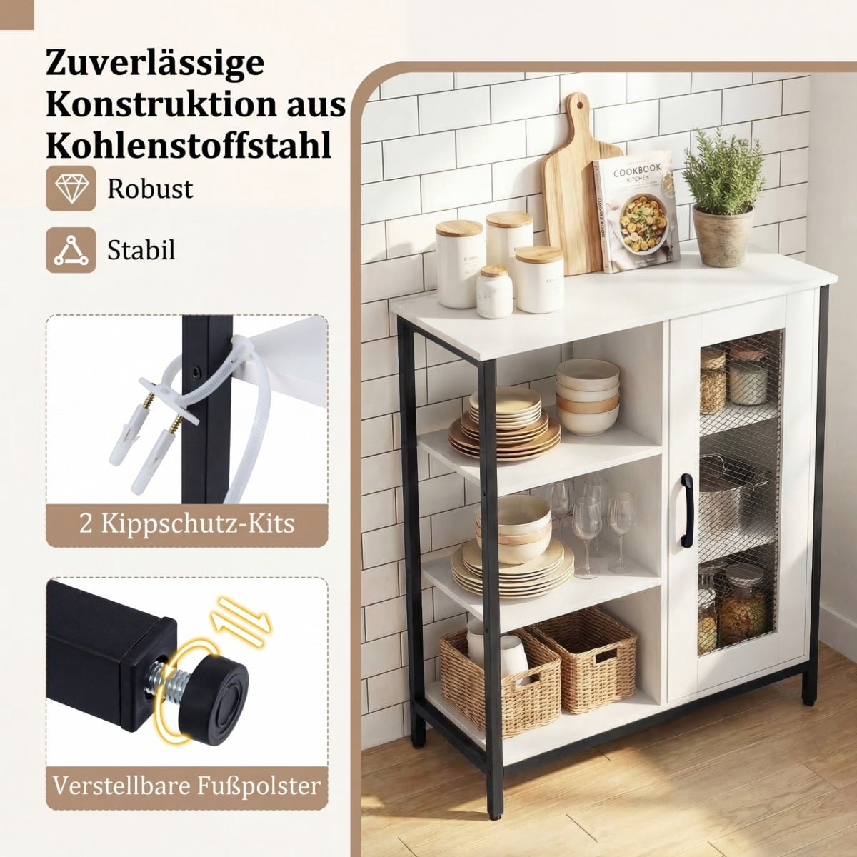 Wood Sideboard with Adjustable Shelves and Cabinet