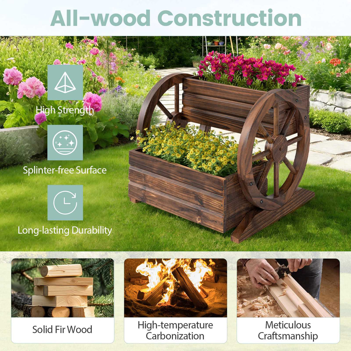 Wood Wagon Planter Box, 2-Tier, Wheels, Drainage Holes