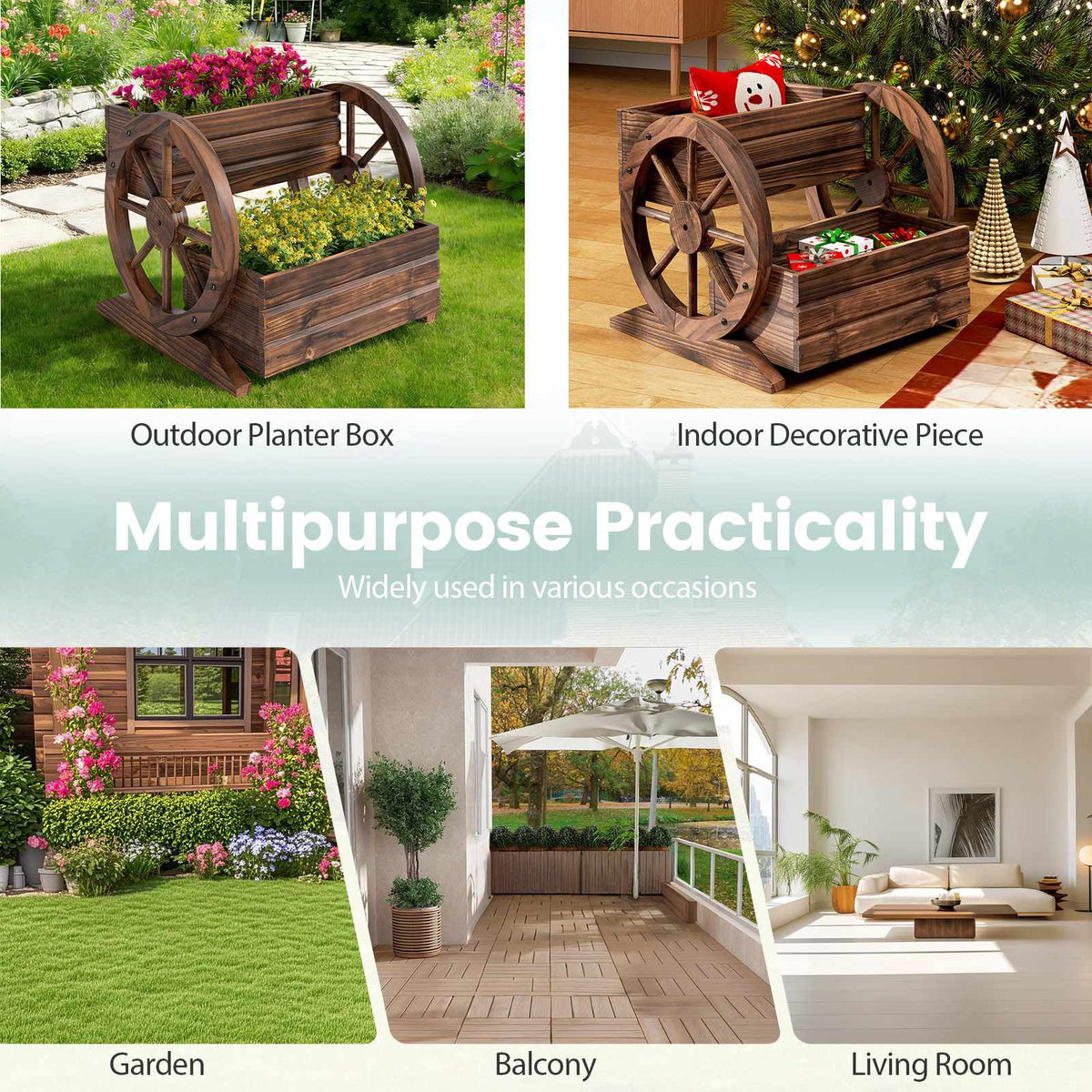 Wood Wagon Planter Box, 2-Tier, Wheels, Drainage Holes